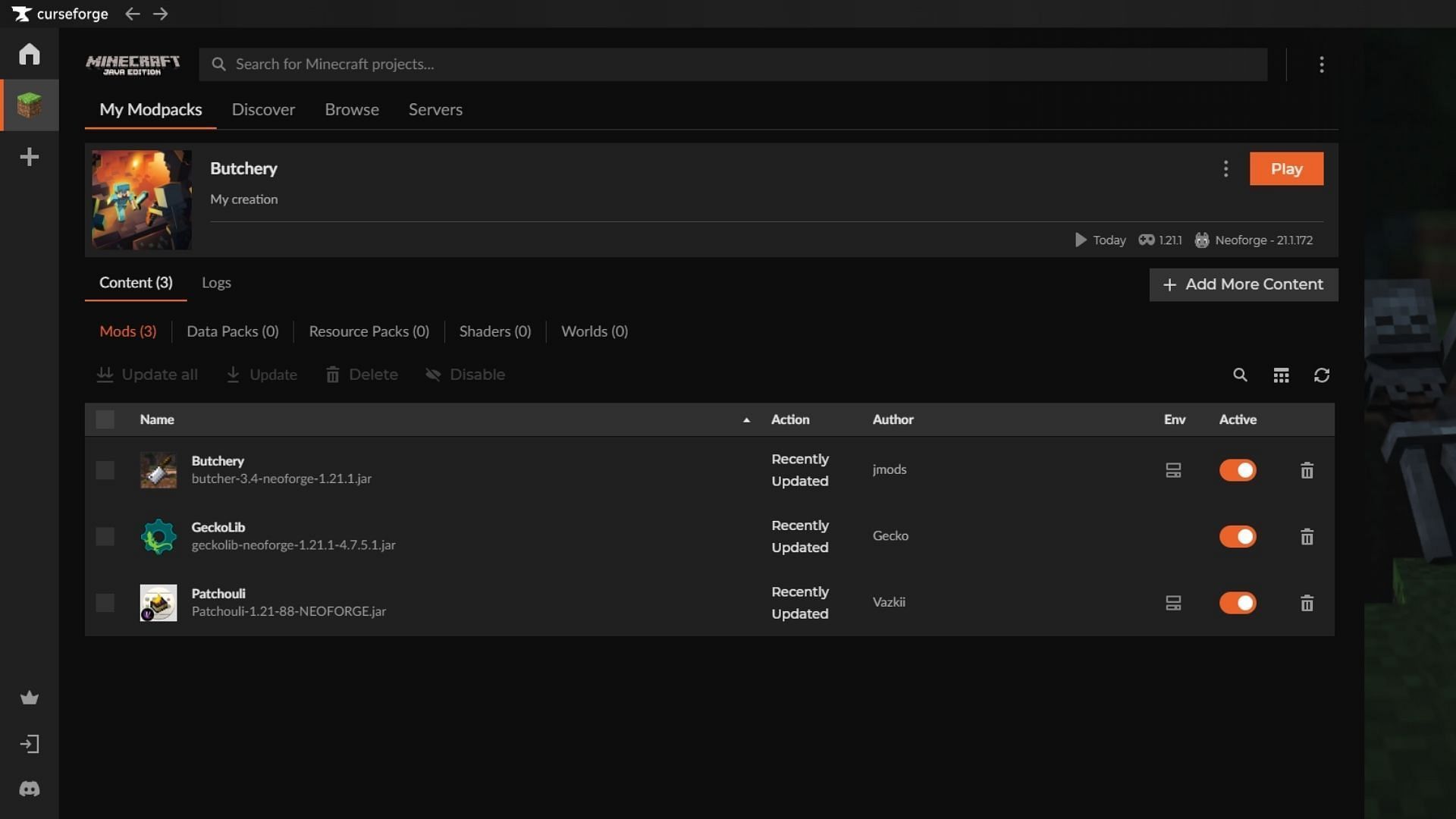Use the Curseforge launcher to download and install the butchery mod for Minecraft (Image via Sportskeeda Gaming || Mojang Studios/jmods)